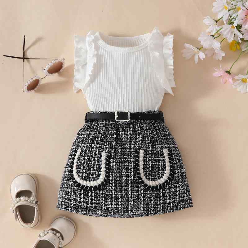 スカートセット ベビー 女の子 3点セット フリル ノースリーブ リブニットトップス ベルト付き ポケッ..