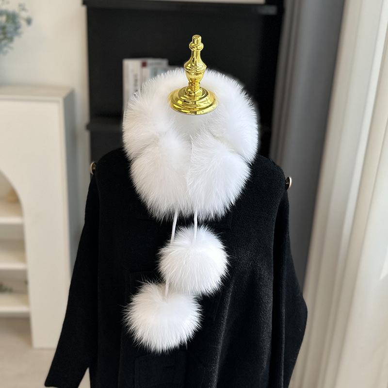 マフラー レディース 防寒 保温 フォックスファー レッキスファー裏地 ふわふわ ボリューム ポンポン付..