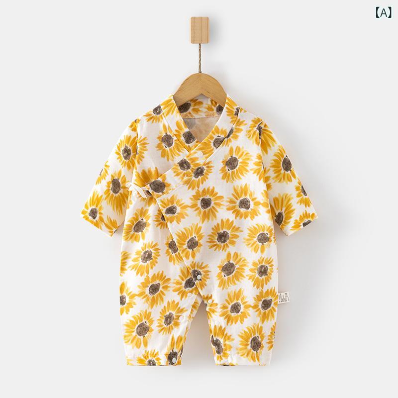 ロンパース ベビー 新生児 男女兼用 春夏 薄手 接触冷感 吸汗速乾 ガーゼ 綿100% 肌に優しい 長袖 和服合わせ カバーオール プレオール カジュアル 0歳 1歳 部屋着