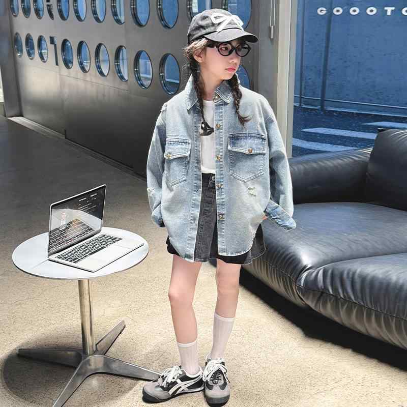 デニムジャケット 女の子 キッズ ジュニア 韓国ファッション ゆったり オーバーサイズ 襟付き 長袖 ショート丈 無地 春秋 着回し おしゃれ トレンド カジュアル 普段使い 通学 ブルー 柔らかい 肌触り