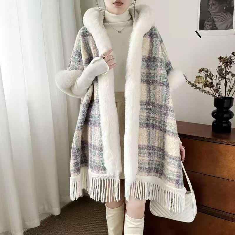 ポンチョ キッズ 人気アイテム 暖かい ニット ファー襟 フリンジ 民族風 レトロ チェック柄 かわいい ..