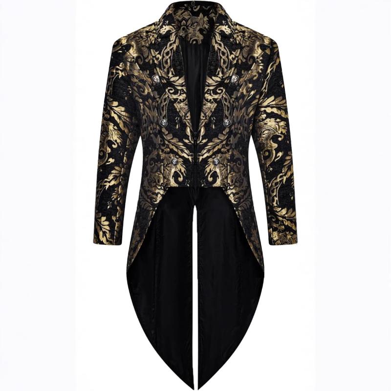 ジャケット メンズ ゴシック スチームパンク 燕尾服風 ブラック ゴールド 織錦 ブロケード 長袖 レトロ 華やか 結婚式 パーティ フォーマル 男性用 アウター おしゃれ