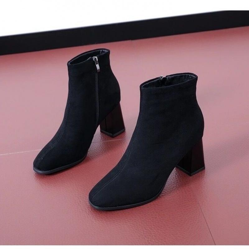 ショートブーツ レディース 厚底 太ヒール ハイヒール スエード調 裏ボア 防寒 保温 超高ヒール サイド..