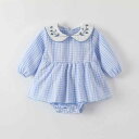 ロンパース ベビー 女の子 長袖 ブルーチェック 韓国風 上品な刺繍襟 カバーオール ボディスーツ 綿混 春秋 前開き 着脱しやすい お出かけ 出産祝い ギフト...