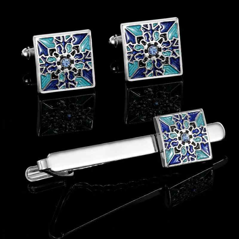 カフスボタン 男女兼用 メンズ レディース ブルー花柄 電気メッキ加工 ビジネス 通勤 フォーマル フレンチカフスシャツ用 ネクタイピン セット アクセサリー ギフトボックス プレゼントBOX
