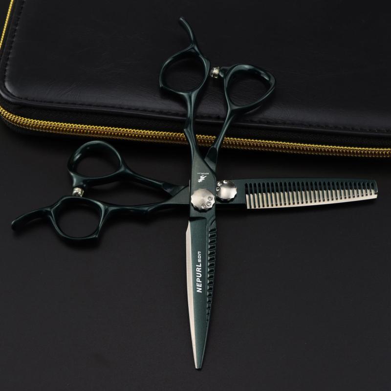 美容ハサミ グリーン 焼き付け塗装 20cm カットシザー セニングシザー 梳きバサミ プロ用 美容師 理容師 散髪 自宅用 軽量 高耐久 切れ味抜群