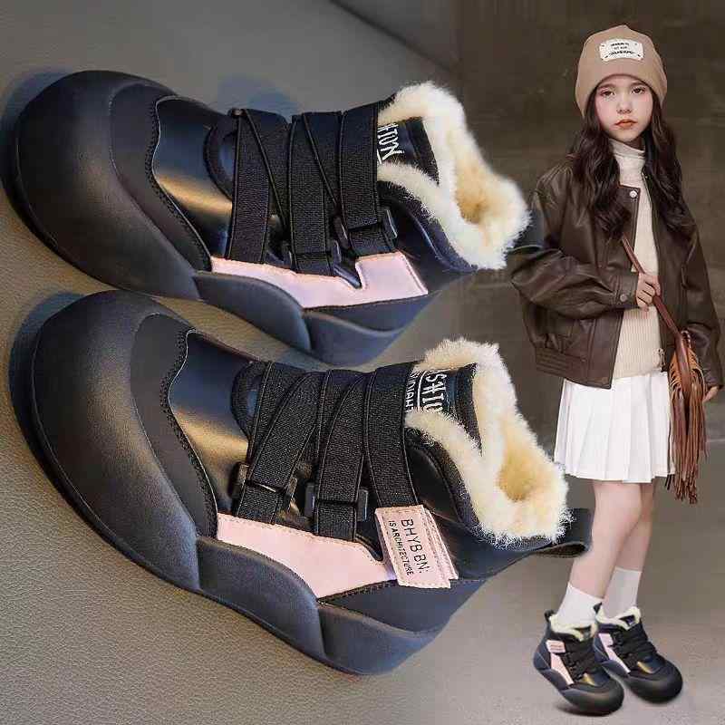 スノーブーツ 女の子 キッズ 子供 ジュニア 小学生 中学生 裏ボア 厚手 防寒 冬用 保温 暖かい 滑り止め 通学 通園 雪遊び ショートブーツ マイクロファイバー ブラック シルバー