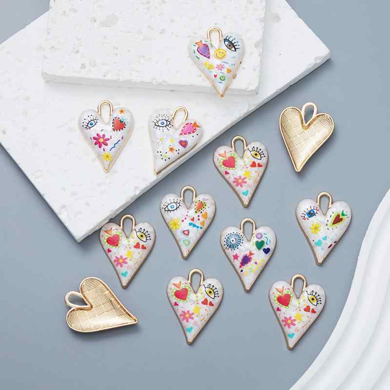 アクセサリーパーツ 合金製 ミックスカラー プリント エナメル加工 ハート 目 花 太陽 グラフィティ風 ..