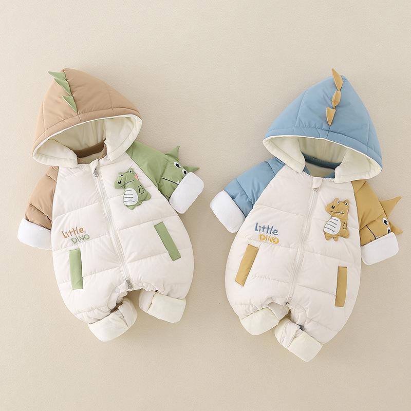 カバーオール ベビー 男の子 新生児 保温 厚手 中綿 秋冬 かわいい キャラクター 恐竜 長袖 フード付き 取り外し可 前開き ボタン おしゃれ 韓国風 ポリエステル お出かけ イエロー グリーン