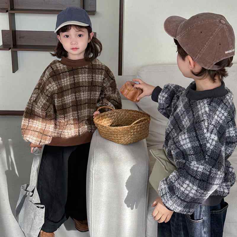 キッズ スウェット 男女兼用 裏起毛 ボア 厚手 ハイネック プルオーバー あったか 防寒 長袖 チェック柄 もこもこ やわらかい肌触り カジュアル 通学 部屋着 冬服