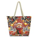 ハンドバッグ レディース 女性用 クリスマス 猫柄 プリント 軽量 麻紐 麻素材 横型 スクエア ファスナー開閉 ソフト 携帯ポケット付き ダブルハンドル デイ...