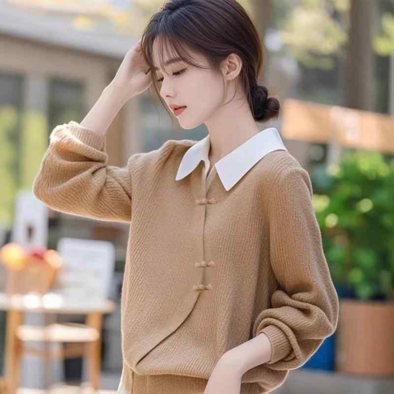 ニット レディース 高級感 ウール フェイクレイヤード 重ね着風 襟付き ゆったり 長袖 秋冬 カーキ 新チャイニーズスタイル オフィス カジュアル 通勤 きれいめ