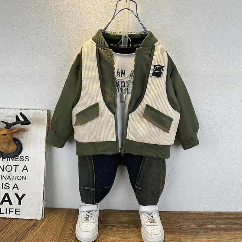 ジャケット キッズ 男の子 フェイクレイヤード 重ね着風 スタジャン 春秋 お洒落 カジュアル 丸首 長袖..