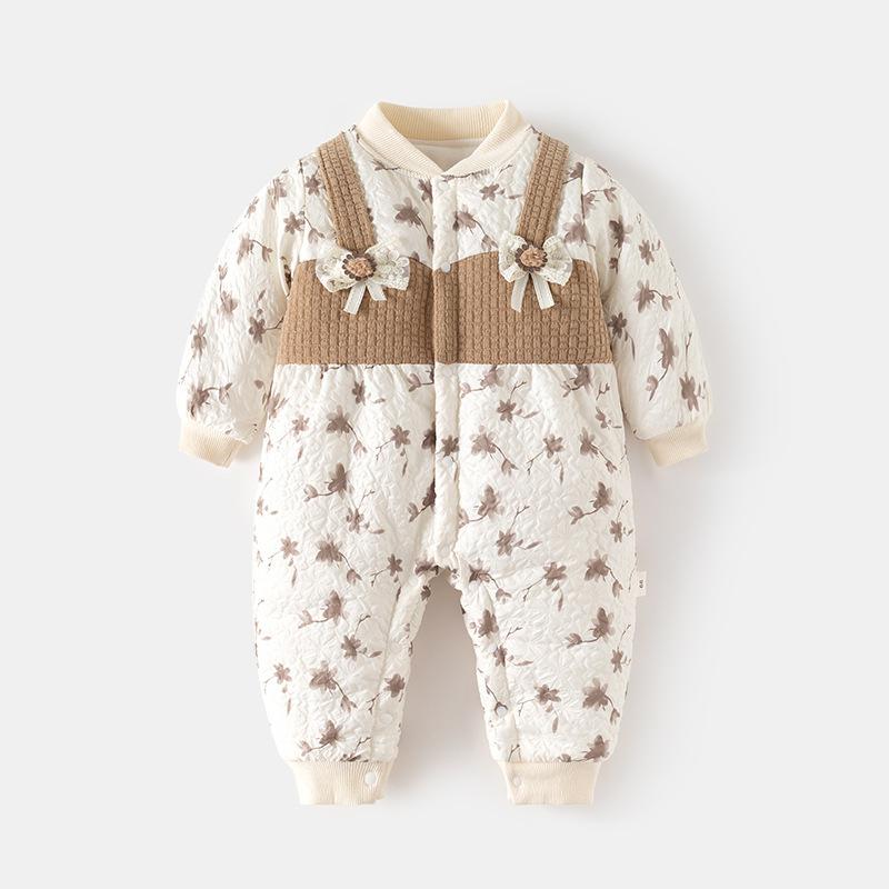 ロンパース ベビー 赤ちゃん 男女兼用 中綿入り 厚手 前開き 長袖 カバーオール 無骨縫製 秋冬 部屋着 パジャマ 普段着 コットン素材
