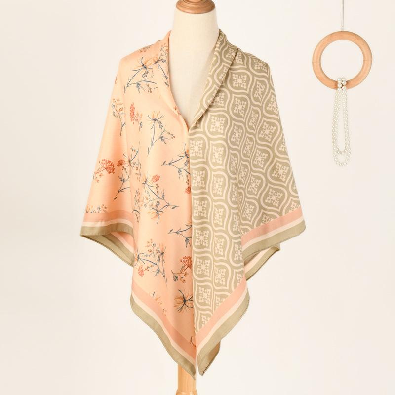 ショール スカーフ レディース 女性用 保温 高級感 シルク ウール 大判 130cm角 両面プリント カラフル..