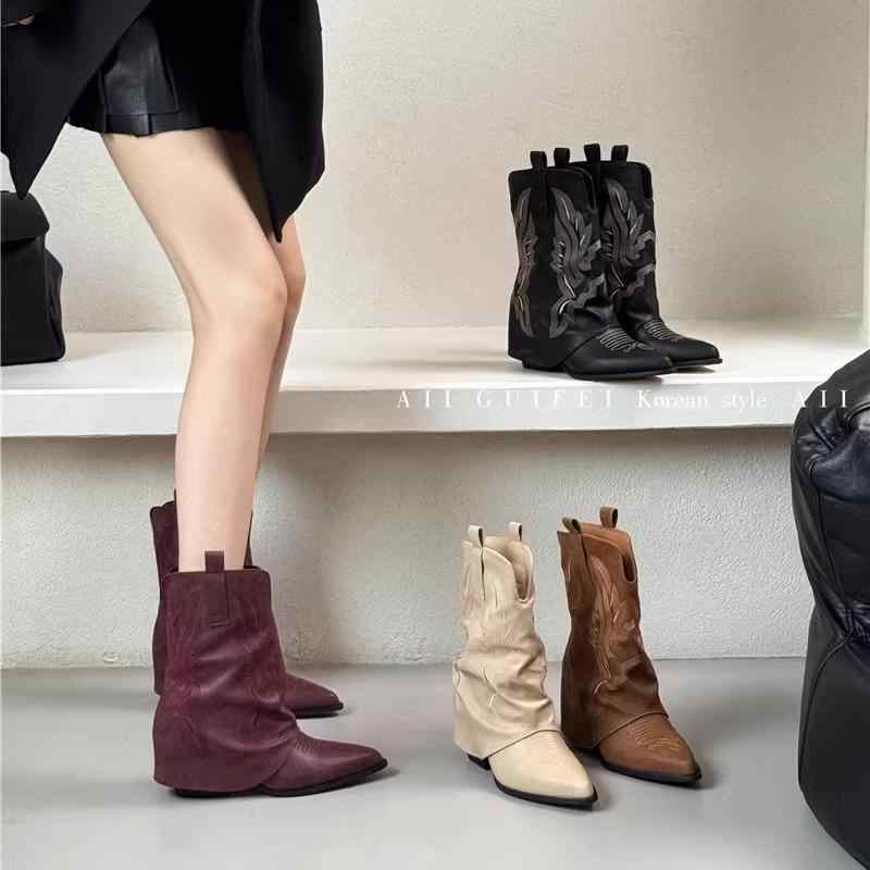 ショートブーツ レディース チャンキーヒール 太ヒール 8cmヒール ポインテッドトゥ パンツインブーツ ..