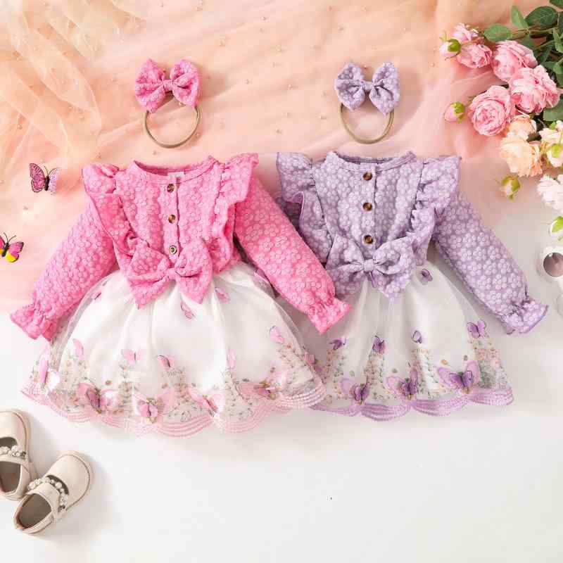 ワンピース ドレス 女の子 ベビー キッズ 長袖 フリル 蝶々 バタフライ チュール レース かわいい 切り..