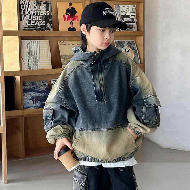 Gジャン キッズ 男の子 ジュニア フード付き ブルー ポリエステル素材 ストリート系 カジュアル 韓国風..