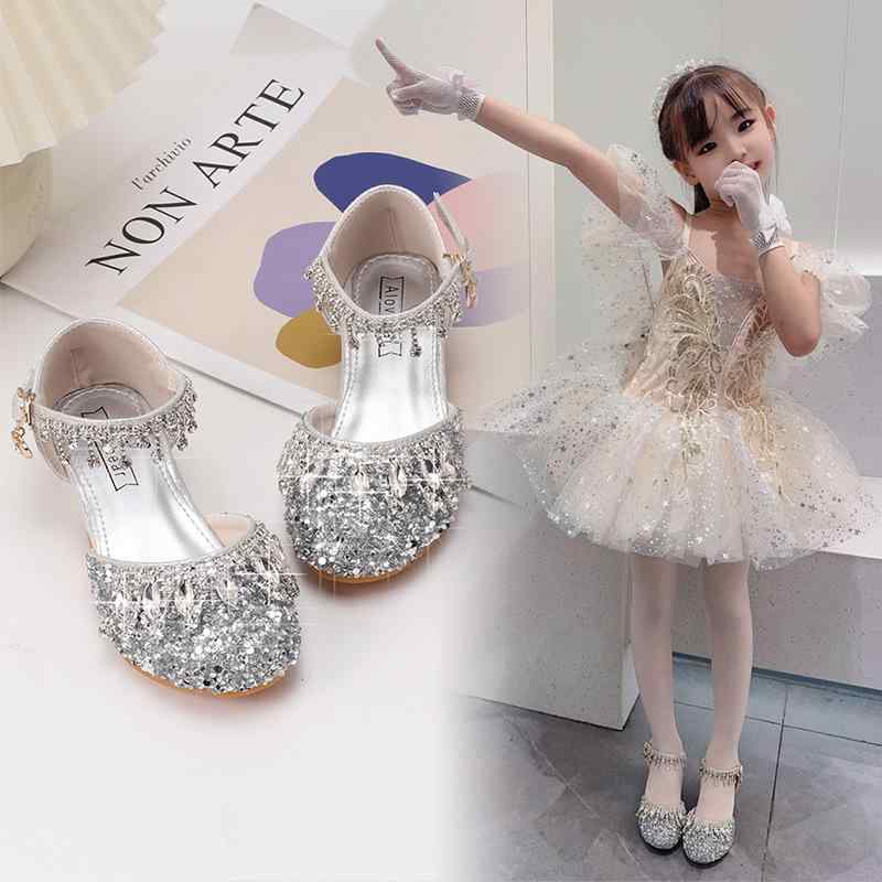 サンダル 女の子 滑り止め 耐摩耗性 クリスタル プリンセス ヒール スパンコール キラキラ シルバー フォーマル 発表会 演奏会 結婚式 ドレス ジュニア