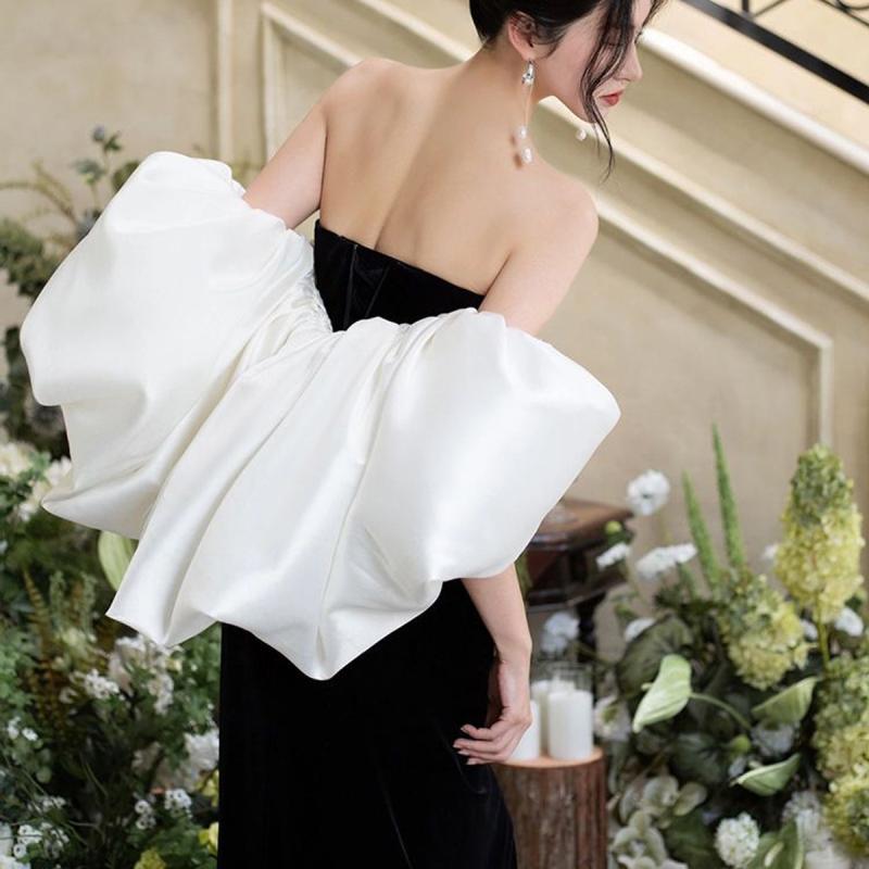 ショール レディース 女性用 軽やか 高級感 個性的 パフスリーブ サテン ロング丈 パーティードレス フリーサイズ 白 黒 シンプル ナイロン オールシーズン