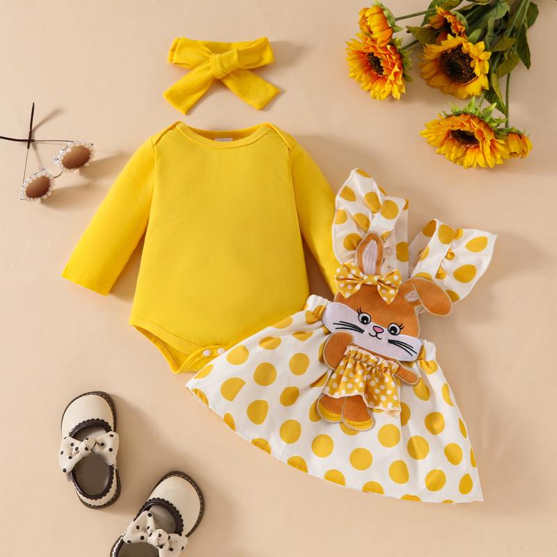 ベビー服 女の子 3点セット 秋冬春 コットン素材 柔らか 無地 長袖トップス かわいい うさぎ刺繍 フリル ドット柄 ジャンパースカート ヘアバンド レモンイエロー 1歳 2歳 3歳