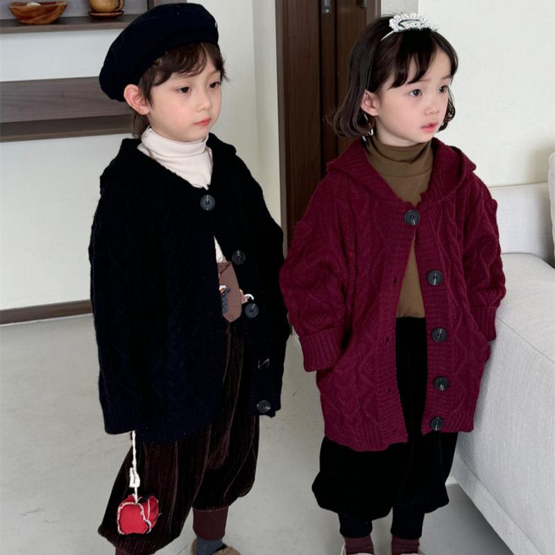 カーディガン キッズ ベビー 男女兼用 幼稚園 小学生 秋冬春 フード付き ケーブルニット レトロ調 やわ..