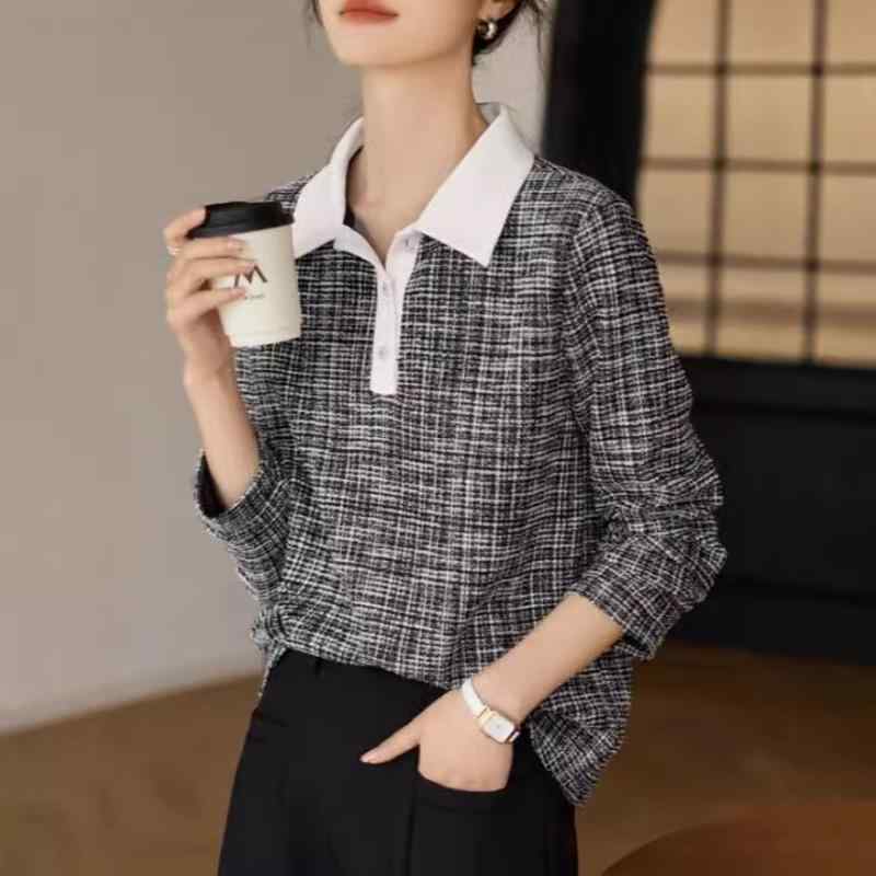 シャツ レディース 上品 スクール風 ポロ襟 フレンチ 配色切り替え カジュアル 若見え 着痩せ 長袖 ゆったり 通勤 幾何学模様 プルオーバー 秋冬