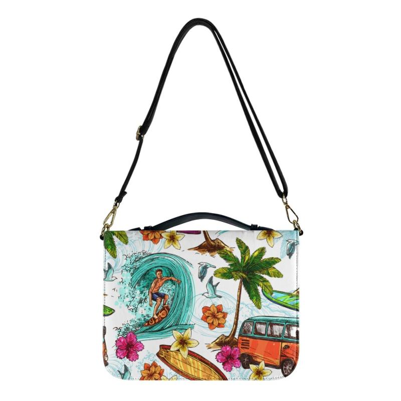 ミニショルダーバッグ ユニセックス ハワイアン プリント PUレザー 縦型 スクエア 2way 手提げ 斜め掛け ファスナー開閉 内ポケット付き おしゃれ デイリーユース 普段使い