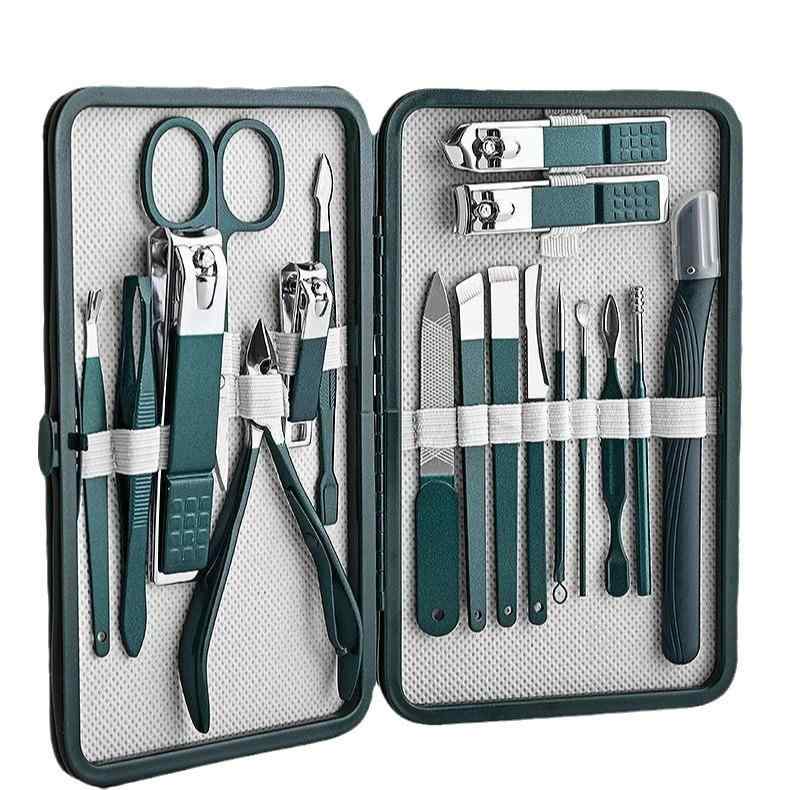 ネイルケア 爪切り セット 18点セット ステンレス製 巻き爪対応 携帯用 男女兼用 手足両用 フットケア 爪ヤスリ 爪磨き ピーコックグリーン 自宅用 旅行用...