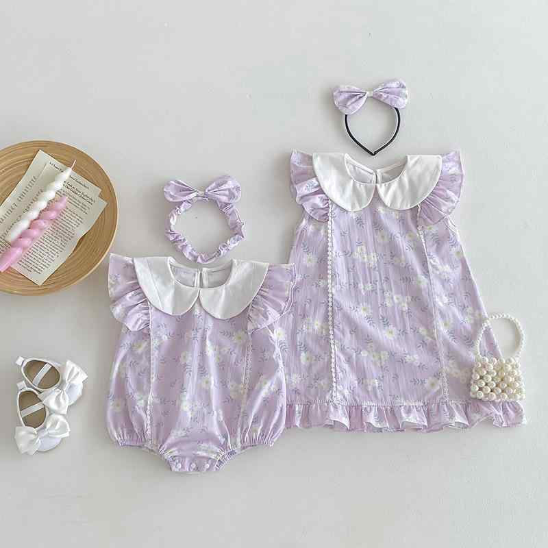 吸汗速乾 肌に優しい 綿100% ベビー服 女の子 ワンピース ロンパース 半袖 Aライン 姉妹お揃い ドールカラー フリル 春夏 韓国風