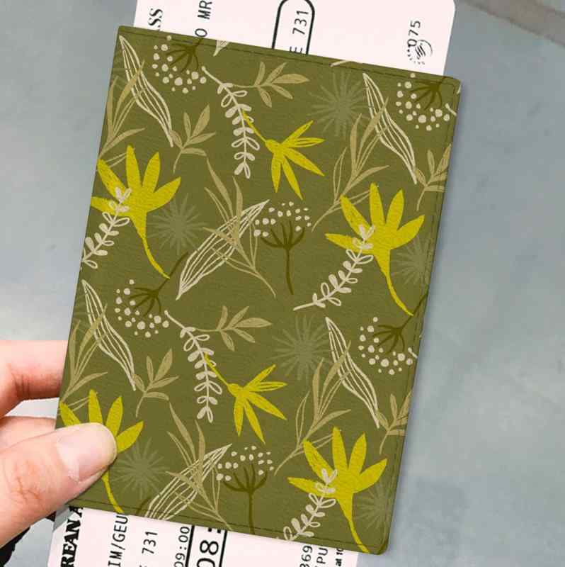 パスポートケース 男女兼用 PUレザー 二つ折り 熱転写プリント オリジナルプリント 植物柄 カードケー..