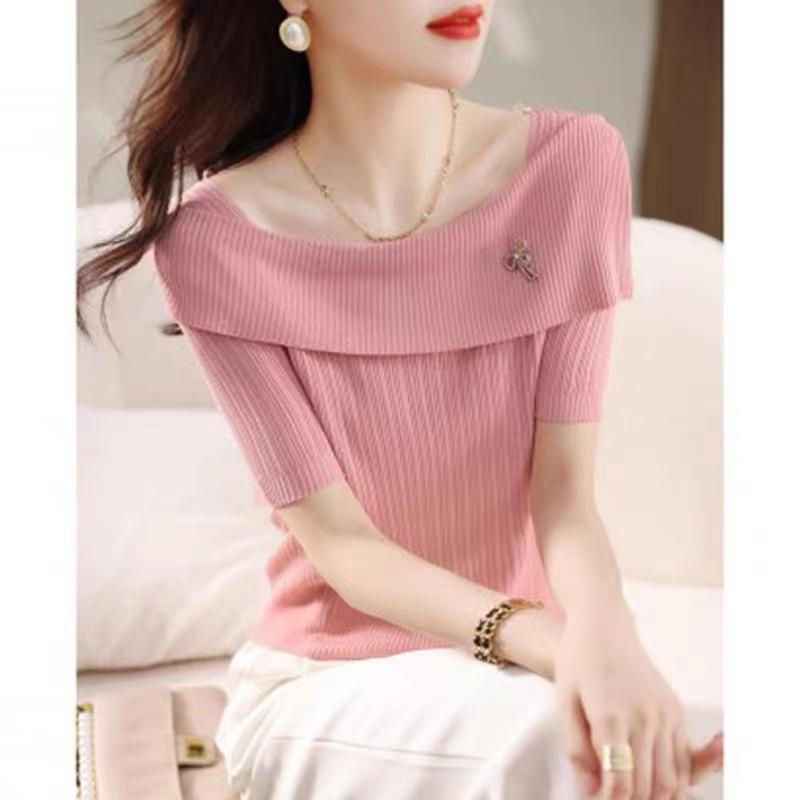 ニットトップス レディース 接触冷感 薄手 着痩せ効果 ボートネック 半袖 春夏 エレガント おしゃれ きれいめ オフィス 通勤 インナートップス カジュアルスタイル 柔らか素材