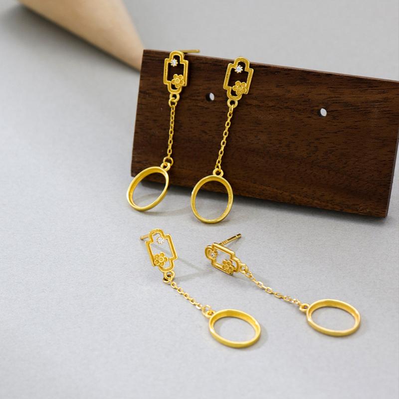 ピアス レディース S925 シルバー 18金仕上げ ゴールドカラー 空枠 楕円形 ロング丈 フリンジ タッセル..