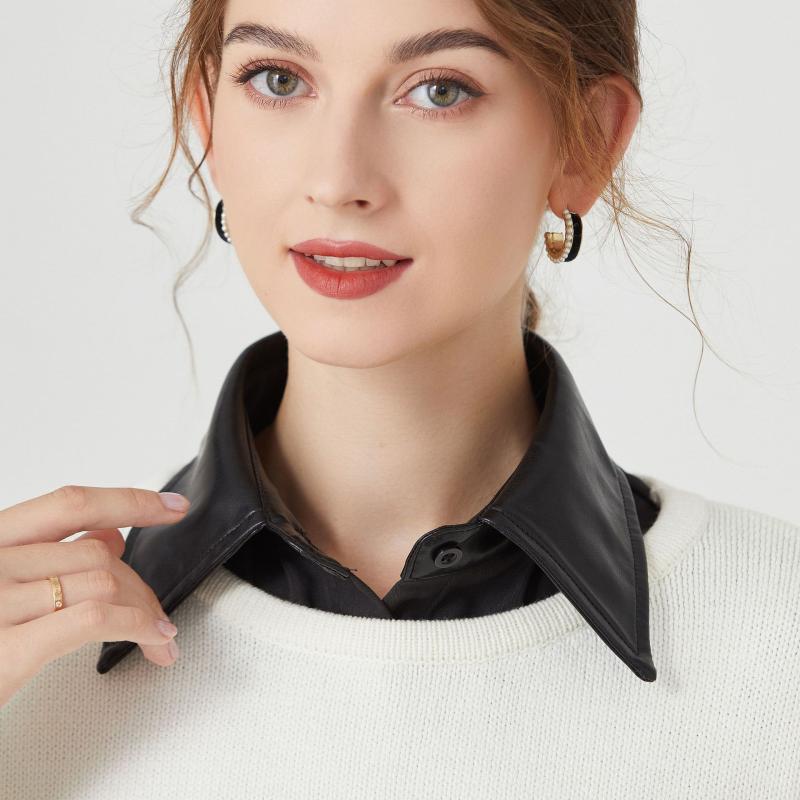 付け襟 レディース 高級感 フェイクレザー レース襟 シャツ襟 ポイントカラー 秋冬 重ね着風 ファッション小物 フリーサイズ ブラック ホワイト カーキ 着回し 万能 おしゃれ