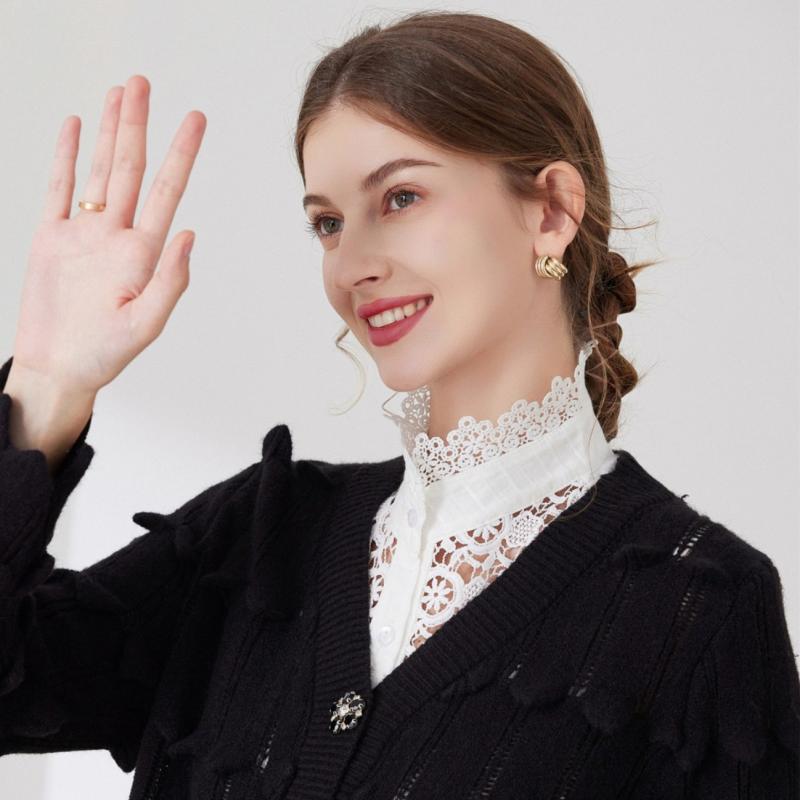 付け襟 レディース 綿 コットン 花びら フラワー レース スタンドカラー 立ち襟 ブラック ホワイト モノクロ 上品 エレガント 万能 着回し 春夏 高級感 フェイクカラー 替え襟 日韓風