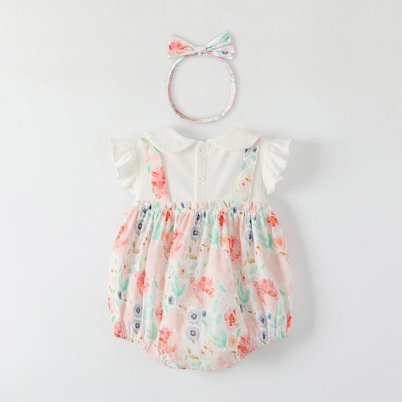 ロンパース 女の子 ベビー 赤ちゃん 新生児 コットン100% 薄手 肌に優しい 襟付き フリル袖 フェイクツーピース 韓国風 おしゃれ 春夏 ホワイト スナップボタン 50 60 70 80 90cm対応