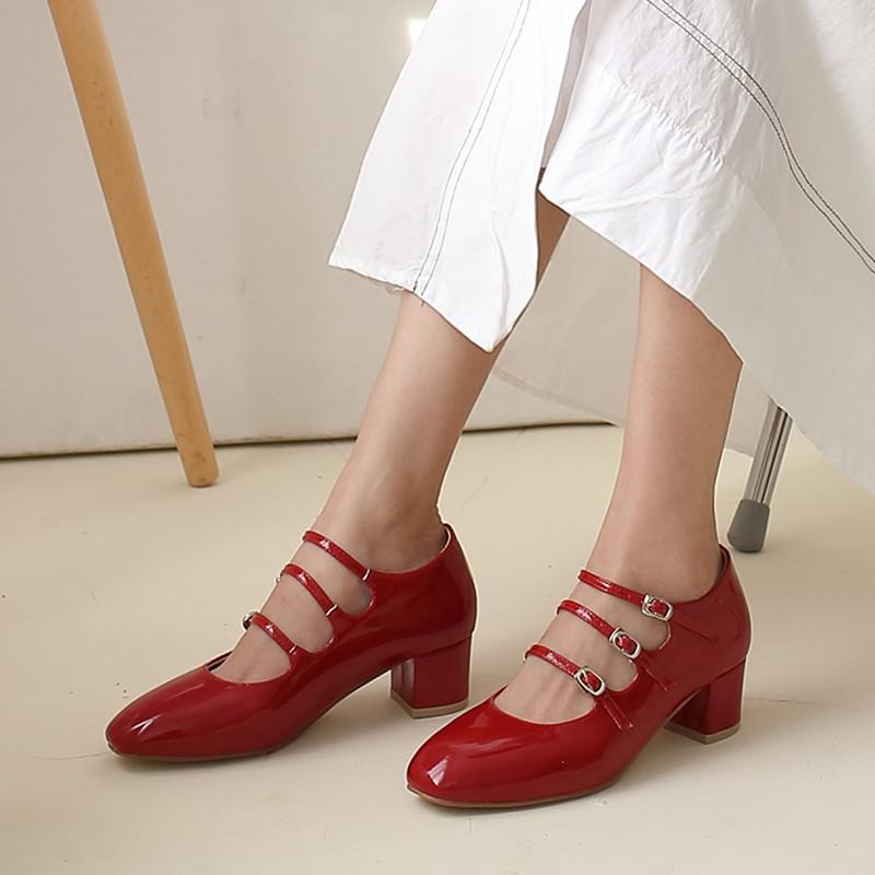 マリジェーンシューズ レディース 安定感 太ヒール ミドルヒール 歩きやすい エナメル 合皮 ゴム底 ラウンドトゥ ワンストラップ フレンチレトロ ロリータ 赤...