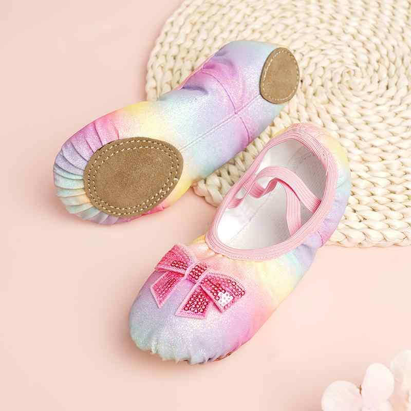 バレエシューズ 子供 女の子 軽量 通気性 ソフト底 紐なし スリッポン キャンバス レザー底 レッスン 発表会 ヨガ 体操 ダンス 虹色 ピンクイエロー グラデーション
