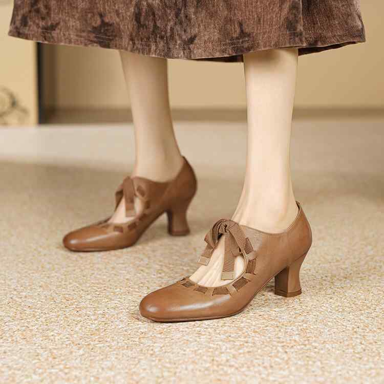 マリメリージェーンパンプス レディース 牛革 浅履き 太ヒール リボン レトロ ロリータ ラウンドトゥ ..