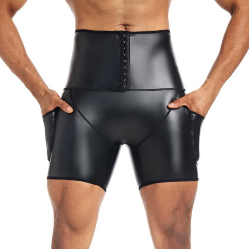 パンツ メンズ 腹部引き締め ヒップアップ ハイウエスト PUレザー 厚手 ストレッチ ボディメイク フィットネス シェイプアップ 加圧 前開きボタン ポケット付き オールシーズン