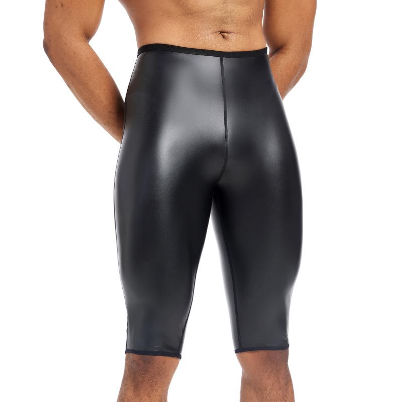メンズ フィットネス タイツ PUレザー シームレス お腹引き締め ヒップアップ シェイプアップ ハイウエスト 五分丈 厚手 スポーツ ウエストサポート ブラック オールシーズン(x3)