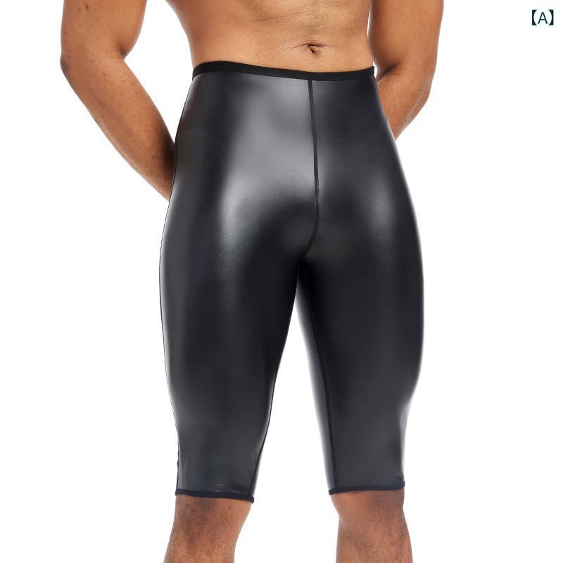 メンズ フィットネス タイツ PUレザー シームレス お腹引き締め ヒップアップ シェイプアップ ハイウエスト 五分丈 厚手 スポーツ ウエストサポート ブラック オールシーズン(x3)