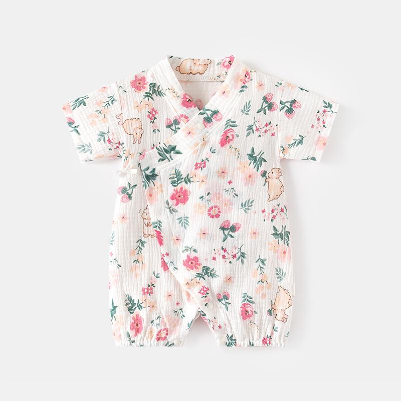 ロンパース ベビー 新生児 男女兼用 春夏 超薄手 ガーゼ 綿100% 半袖 カバーオール 冷房対策 肌に優しい 通気性 吸汗速乾 パジャマ 部屋着 斜め前開き ベージュ ホワイト 66 73 80 90cm対応