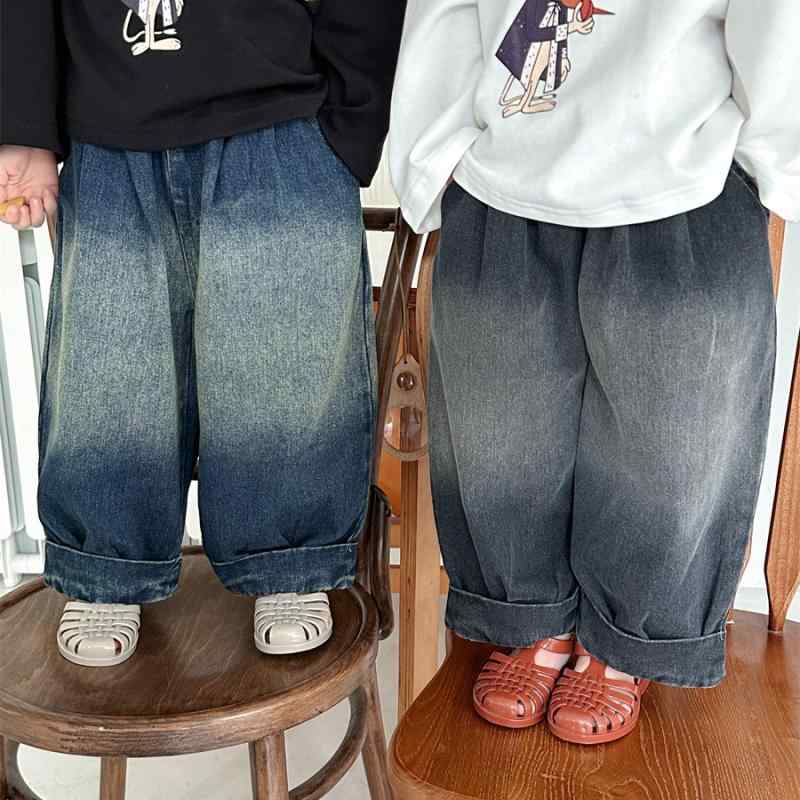 キッズ デニムパンツ 男の子 女の子 男女兼用 ゆったり ストレート ジーンズ 子供服 ウエストゴム ウォ..