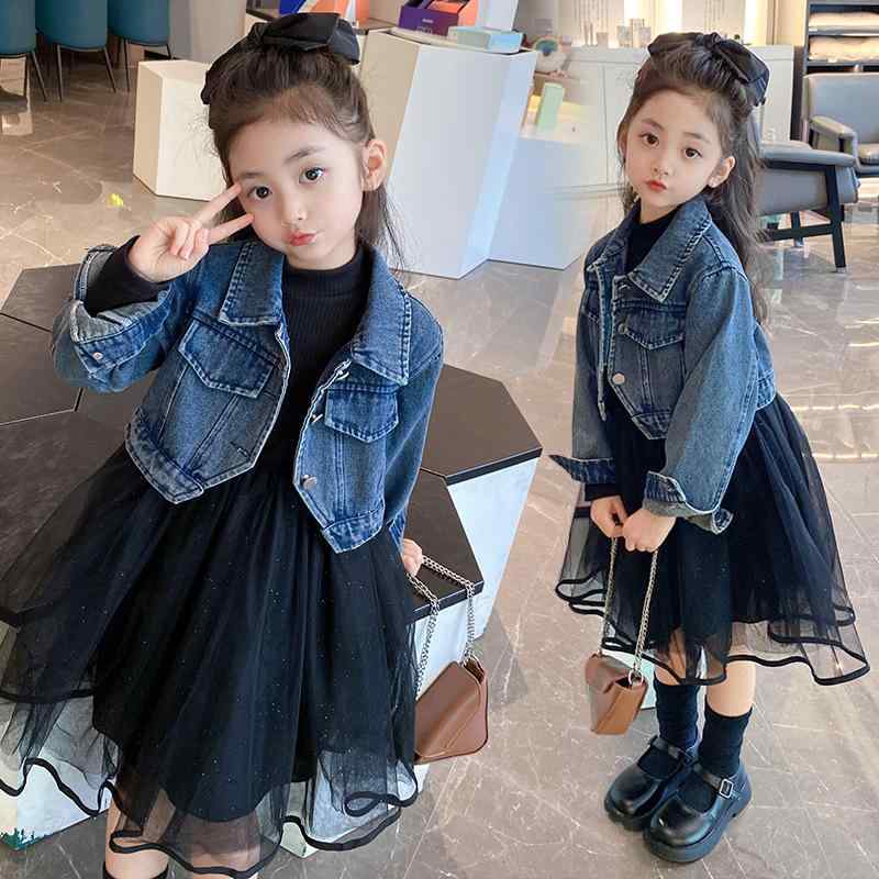 キッズ 女の子 ガールズ セットアップ 韓国子供服 春秋 長袖 デニムジャケット チュールスカート 2点セット 通学 お出かけ カジュアル おしゃれ かわいい 綿混 やわらか