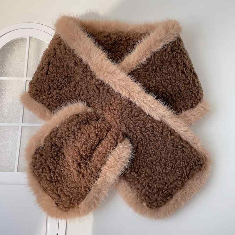 スヌード レディース マロンブラウン系 かわいい もこもこ ふわふわ クロスデザイン フェイクファー マ..