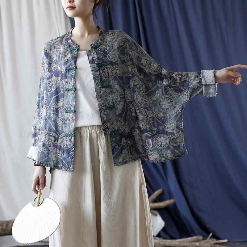 シャツ レディース ラミー 薄手 軽量 長袖 ゆったり ドルマンスリーブ スタンドカラー 手作りチャイナボタン シングルボタン レトロ ヴィンテージ アンティーク風 羽織り カーディガン