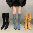 ウエスタンブーツ レディース 女性用 ロング丈 耐摩耗性 ゴム底 チャンキーハイヒール ポインテッドトゥ フレンチレトロ クラシック ルーズ シャーリング 韓国風 ファッション 秋冬 ブラック ブラウン デニムブルー カーキ
