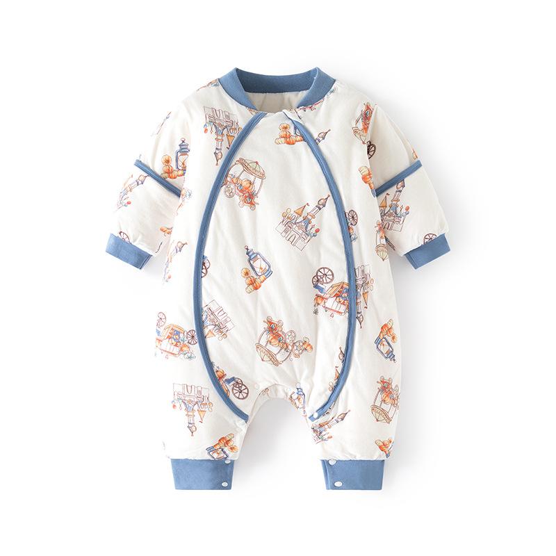 スリーパー ベビー 子供 温度調節 吸湿速乾 秋冬 厚手 中綿入り 足つき 足分けタイプ 袖取り外し可能 ファスナー式 寝冷え防止 パジャマ 幼児 1-3歳児 綿 コットン