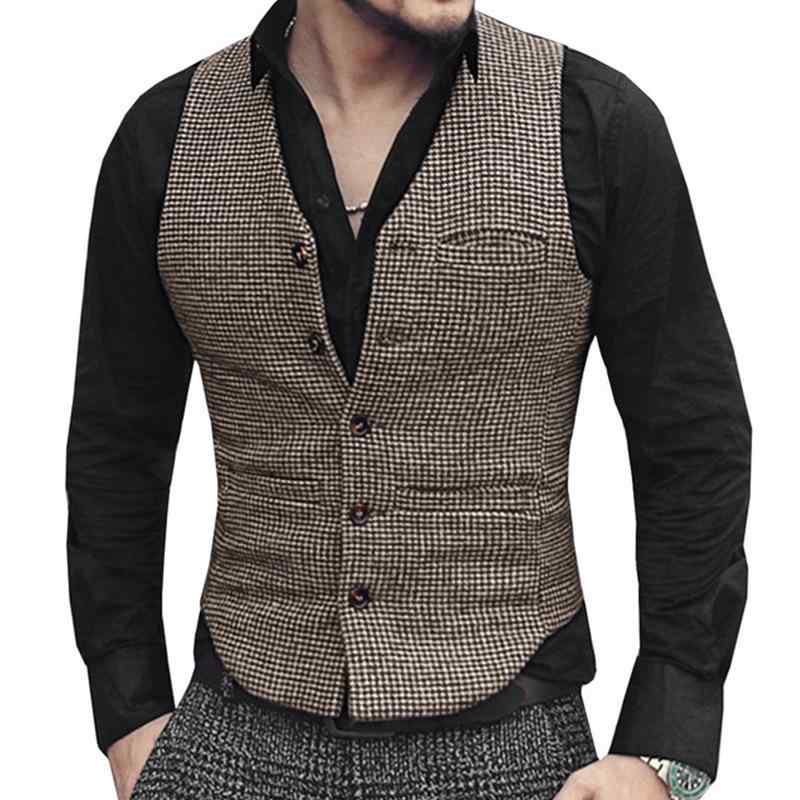 ベスト メンズ 男性用 千鳥格子柄 ウール調 ツイード素材 シングルブレスト Vネック スリムフィット ビジネス オフィス 通勤 フォーマル 結婚式 披露宴 礼服 パーティー 大人 きれいめ 春夏 ジレ チョッキ